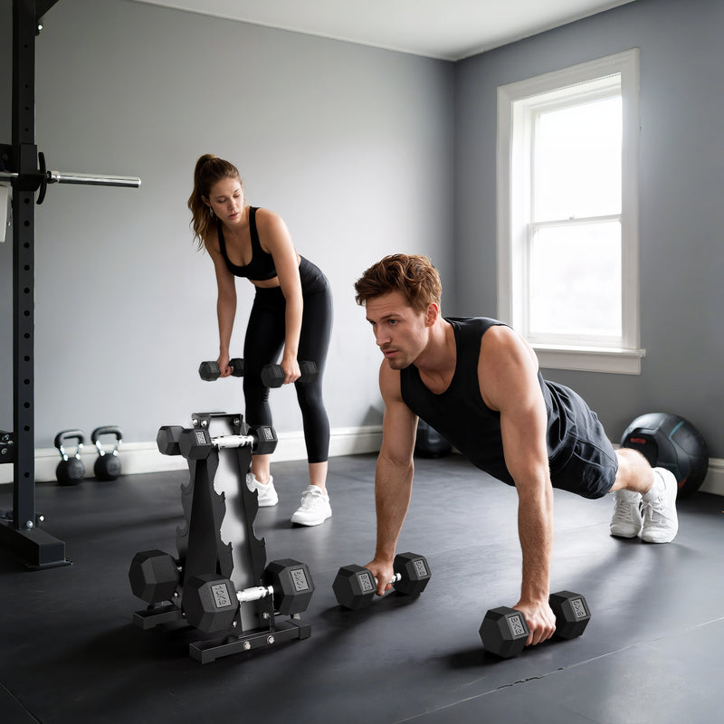 Set 8 Pesi Manubri con Supporto Coppie da 2-5-8-10 Kg in Ghisa Rivestita in Gomma Nero   