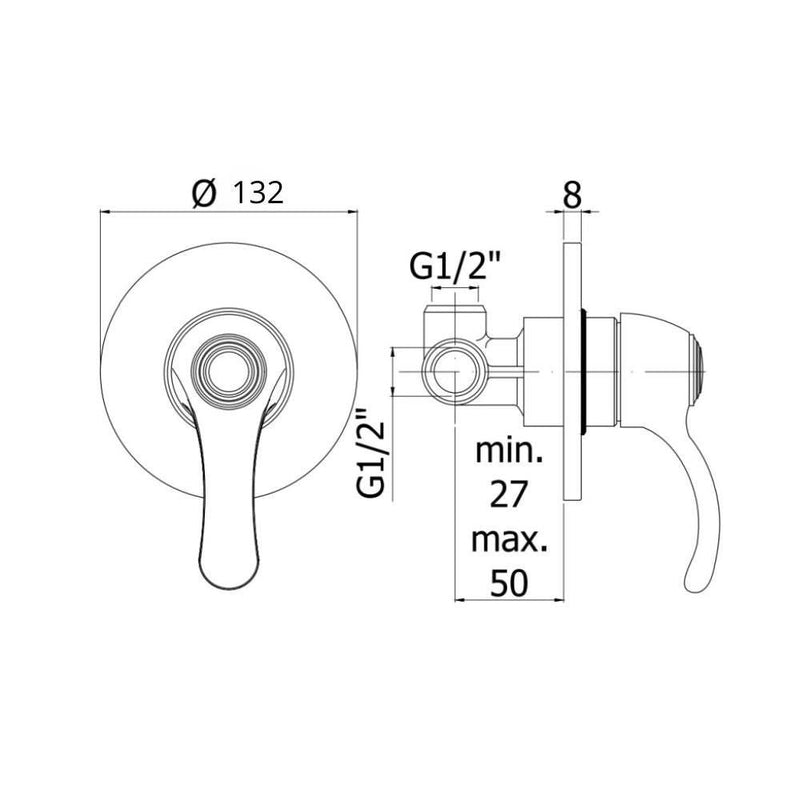 Rubinetto Miscelatore Monocomando Doccia ad Incasso in Ottone Bologna  Cromato