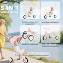 Triciclo per Bambini 5 in 1 96,5x49x101 cm con Maniglione e Cinture di Sicurezza Rosa   