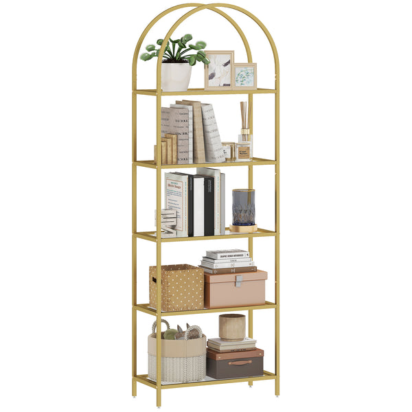 acquista Scaffale Libreria Portaoggetti ad Arco 60x30x175 cm a 5 Ripiani in Acciaio e Vetro Temperato Oro