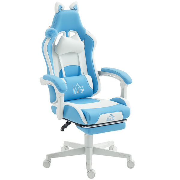 Sedia da Gaming Reclinabile 65x62x116-124 cm con Poggiapiedi e Cuscini in Finta Pelle e Spugna Bianco e Azzurro acquista