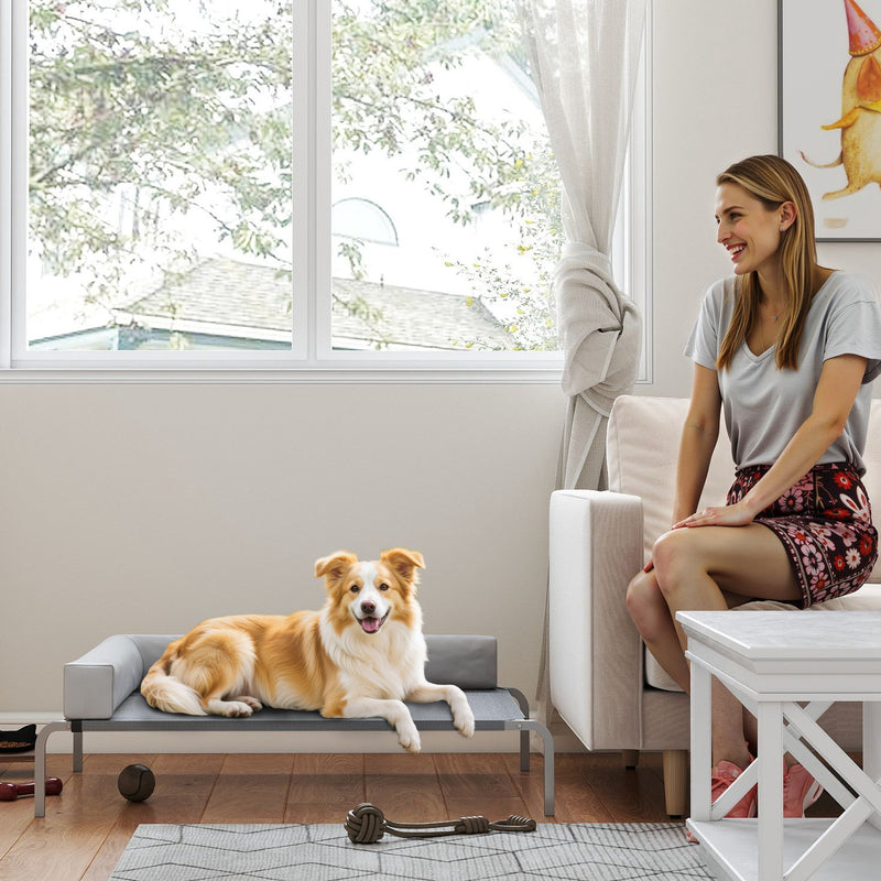 Brandina per Cani Rialzata 110x75x30 cm con Cuscino a L in Tessuto Grigio e Argento   