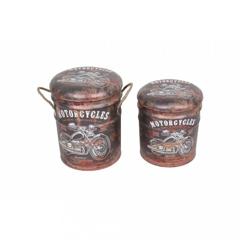 Set 2 Pouf Contenitore Tondo in MDF Marrone