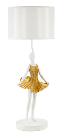 Lampada da Tavolo Ballerina Ø30x90,5 cm in Resina e Ferro e Tessuto Oro e Bianco      