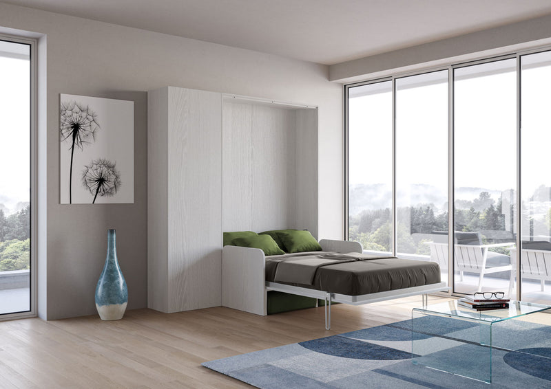 Letto Una Piazza E Mezzo A Scomparsa 120 Kentaro Con Divano E Colonna Bianco Frassino e Verde      