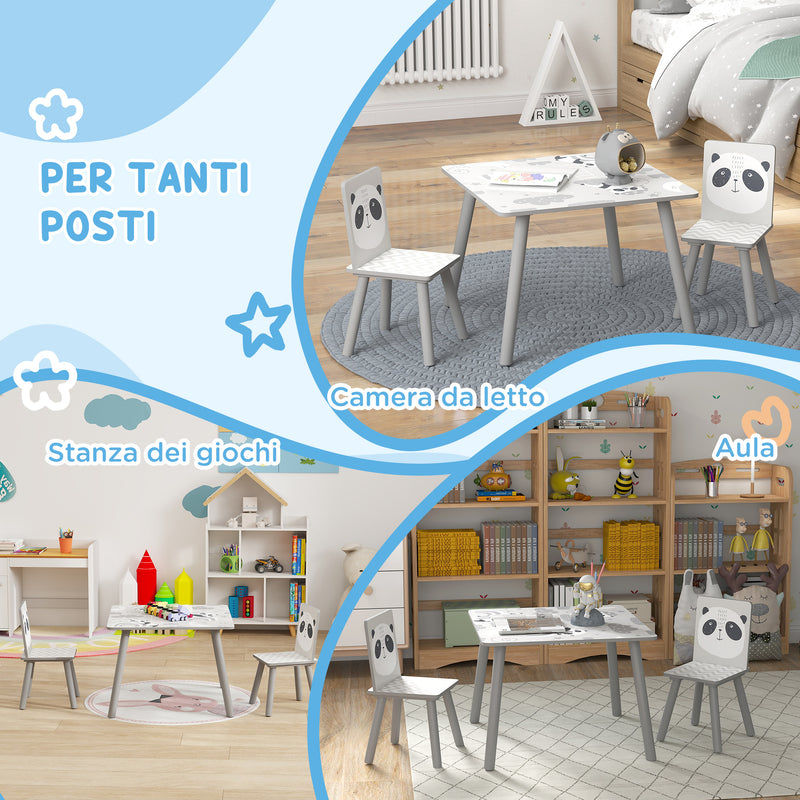 Set Tavolino e 2 Sedie per Bambini Panda in MDF e Legno di Pino Grigio   