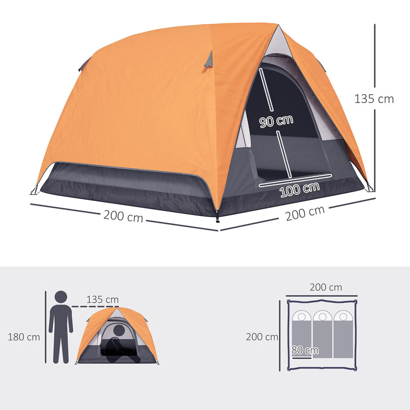 Tenda da Campeggio per 3 Persone Impermeabile 200x200x135H cm Impermeabile con Tasca e Gancio per Lanterna Arancione   