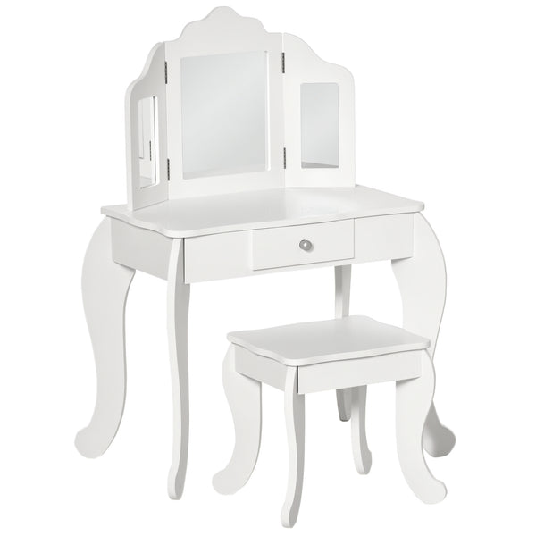 Toeletta Trucco per Bambine Consolle e Sgabello 63x40x85,5 cm con Triplo Specchio in Legno e Acrilico Bianco sconto
