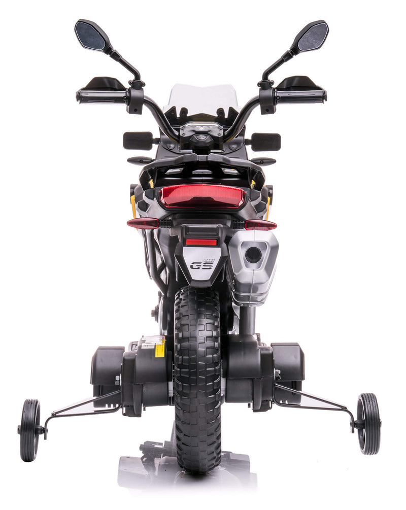BMW F 850 GS Moto Elettrica 12V Per Bambini 3–8 Anni, Ruote EVA, Rotelle Removibili, Luci LED, Suoni, USB, Cavalletto, Fino A 30 Kg, Bianco