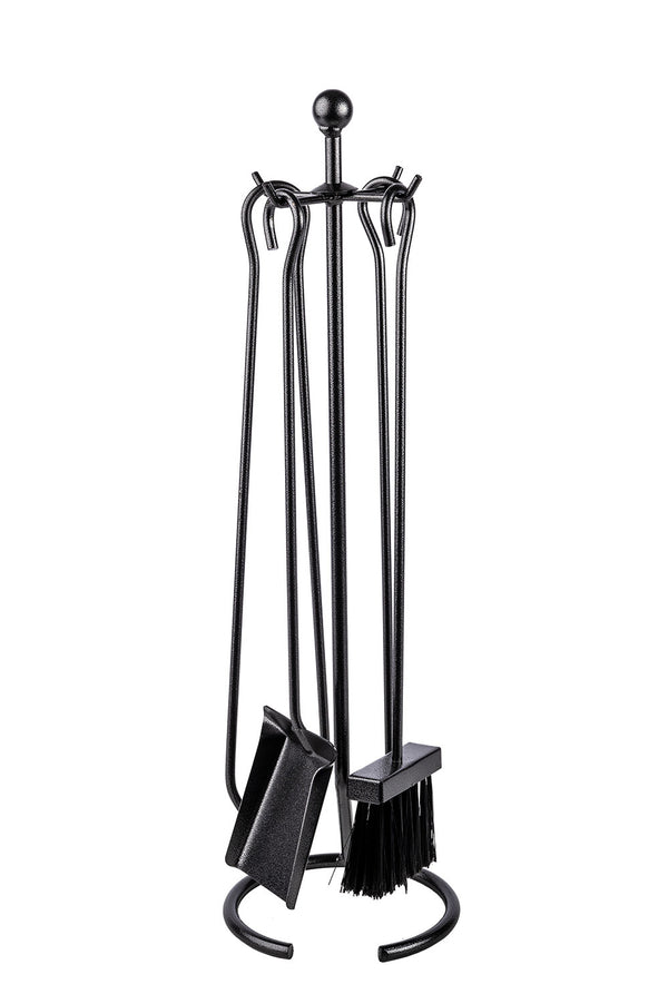 sconto Trespolo per Attrezzi Camino con Pomolo Ø12 con Paletta Scopino Attizzino e Pinza in Ferro Tondo Grigio Martellato