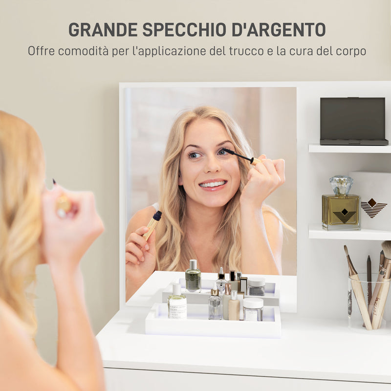 Consolle Trucco 75x40x137 cm con Sgabello e Ripiani a Giorno Bianco   