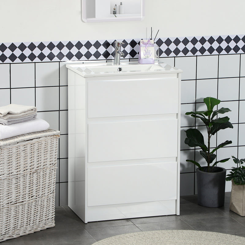 Mobiletto Bagno 2 Cassetti 61x37x88 cm con Lavabo in Ceramica Bianco
