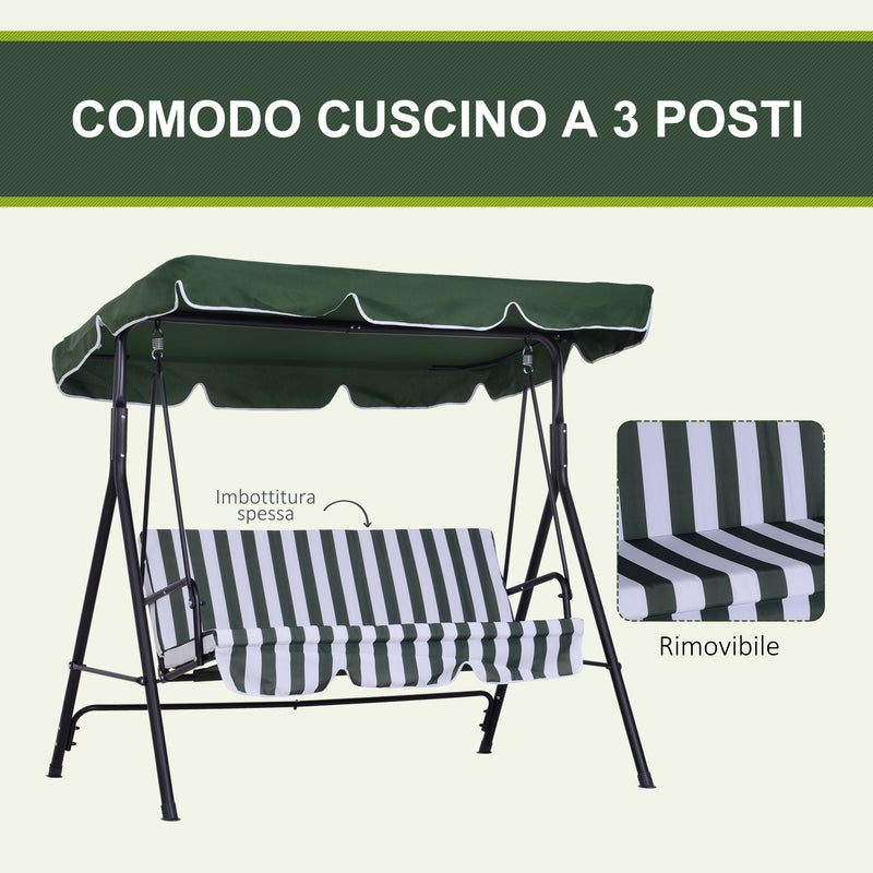 Dondolo da Giardino a 3 Posti 172x110x153 cm con Tettuccio Inclinabile e Cuscini Verde   