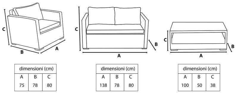 Set Salotto da Giardino Divano 2 Poltrone e Tavolino Kios Avorio