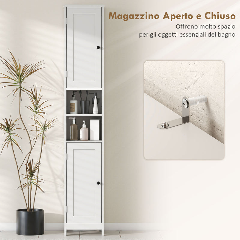 Mobile Alto a Colonna Bagno 30x30x170 cm con 2 Ripiani Aperti e 2 Armadietti in Legno Bianco      