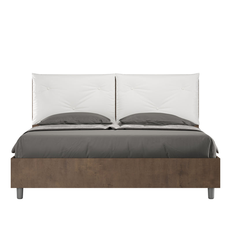 Letto Matrimoniale con Alzata Comoda Struttura Noce con Cuscini in Similpelle Appia Bianco Varie Misure