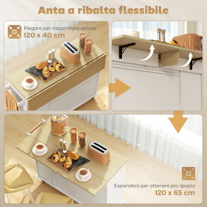 Isola per Cucina 129x65x91 cm a 5 Ruote con Portasciugamani 2 Cassetti 4 Ripiani e Armadietto in Legno Bianco      