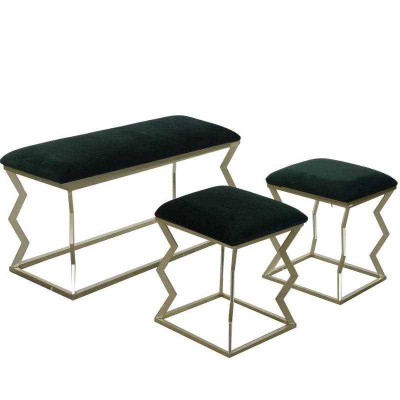 Panca con 2 Pouf in Metallo e Velluto Verde