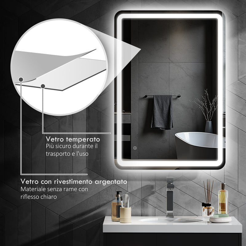 Specchio Bagno da Parete 70x100 cm con Interruttore Touch e Luce LED in Vetro Temperato Argento  