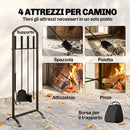 Set per Camino con Supporto 30x22x86 cm Borsa Spazzola Paletta Attizzatoio e Pinze in Metallo Nero      