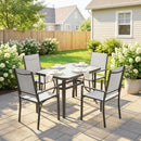 Set 5 Pezzi da Giardino con 4 Sedie Impilabili e Tavolo in Vetro Temperato con Foro per Ombrellone in Texteline Grigio Chiaro      