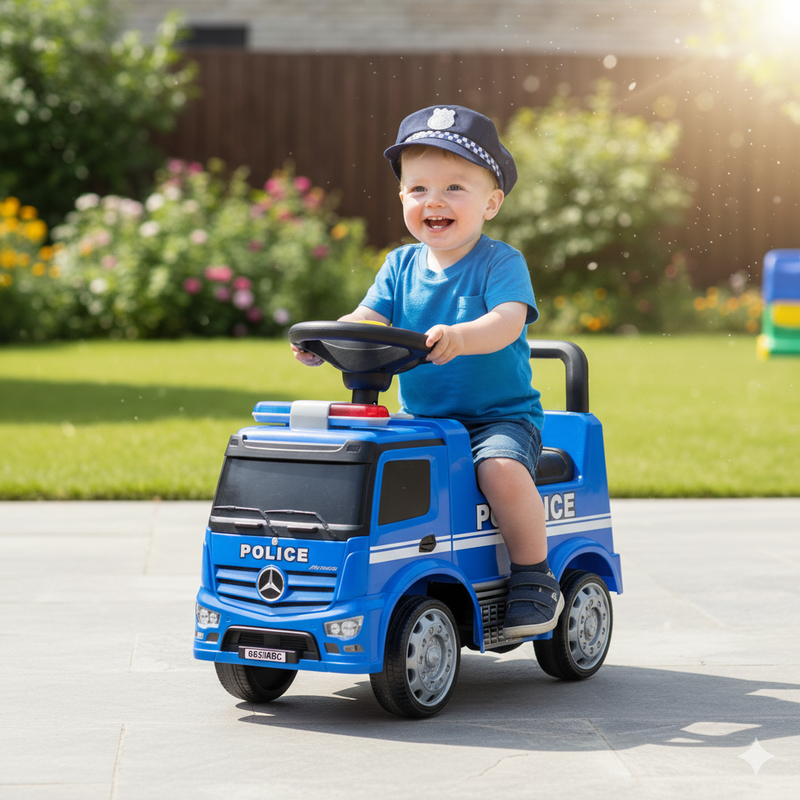 Camion della Polizia Cavalcabile 62,5x28,5x45 cm per Bambini Police Mercedes Blu