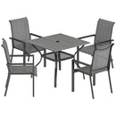 Set 5 Pezzi da Giardino Tavolo con Foro Centrale e Ripiano Inferiore con 4 Sedie Impilabili in Acciaio Grigio      