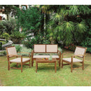 Set Salotto da Giardino Divano 2 Poltrone e Tavolino in Legno con Cuscini Ecrù