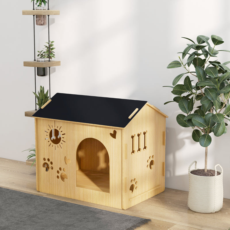 Cuccia per Cani da Interno 69x50x58,5cm Casetta Intagliata in MDF Quercia e Nero  