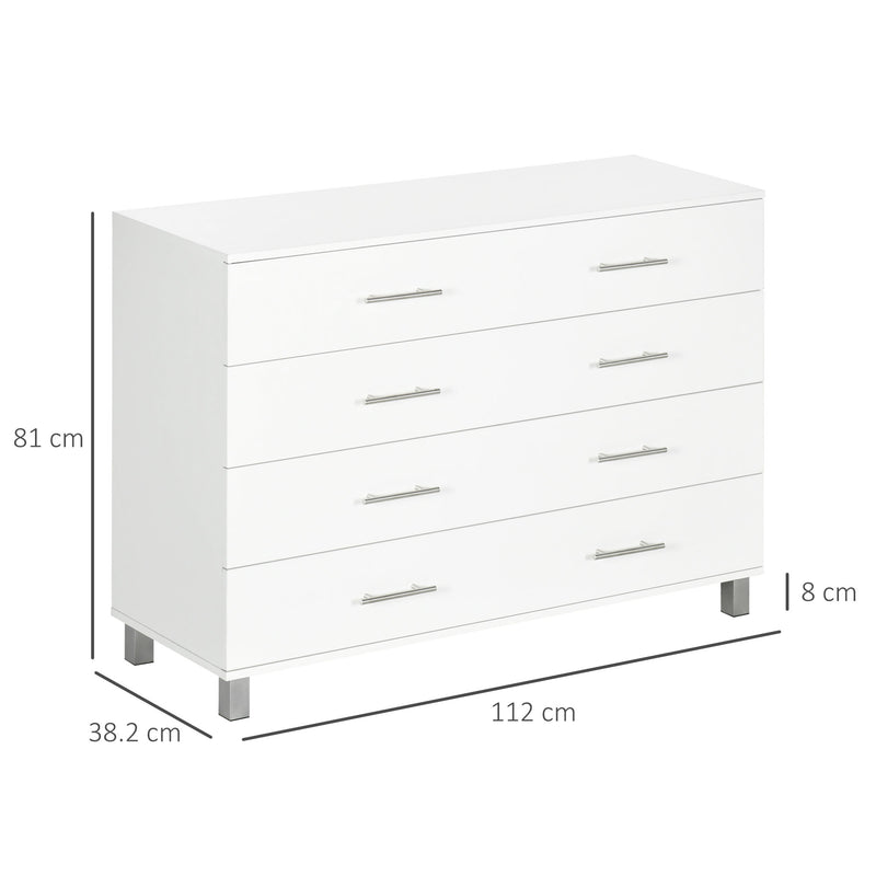 Cassettiera 4 Cassetti 112x38,2x81 cm in Legno con Maniglie in Metallo Bianco   