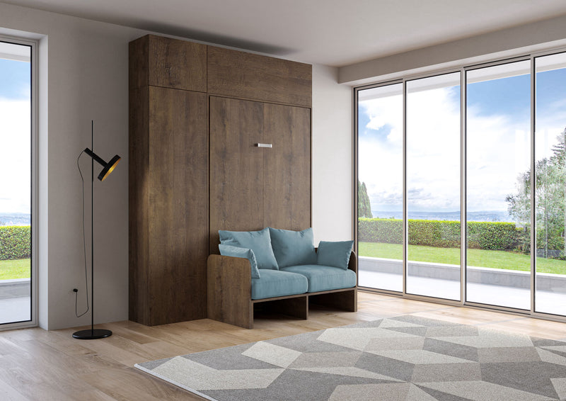 Letto Una Piazza E Mezzo A Scomparsa 120 Kentaro Con Divano E Mobili Noce e Azzurro      