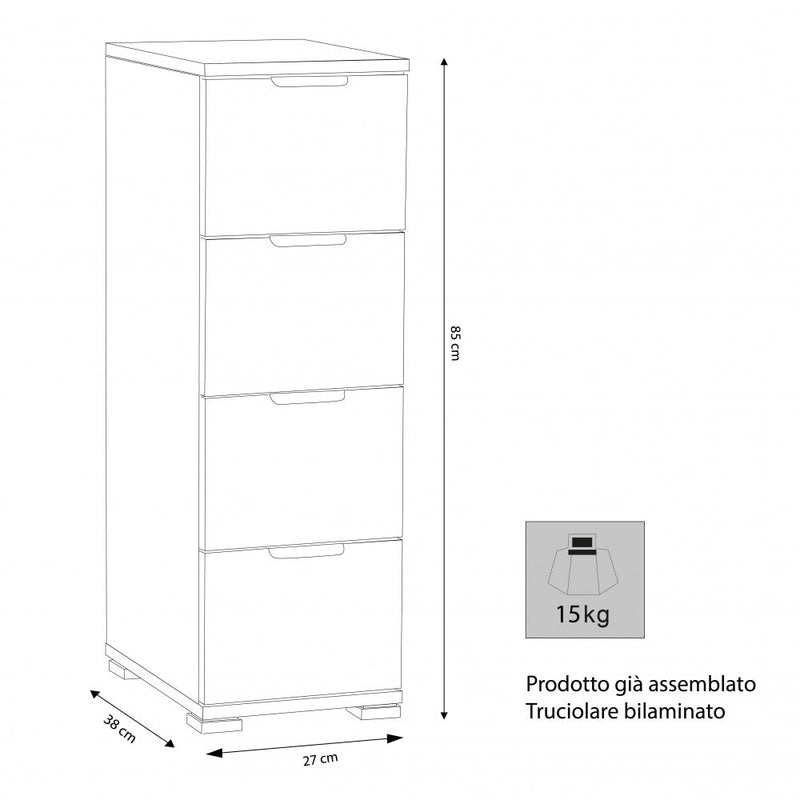 Cassettiera 4 Cassetti Naturale 27x38x85 h cm in Truciolare bilaminato Marrone chiaro