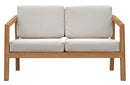 Set Salotto da Giardino Divano 2 Poltrone e Tavolino Riace in Legno Teak con Cuscini Ecrù