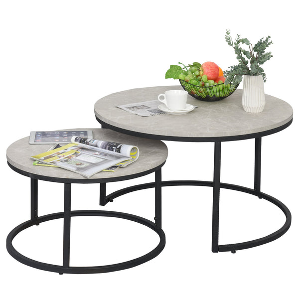 sconto Set da 2 Tavolini da Caffè Sovrapponibili Rotondi in Metallo e MDF Effetto Marmo Grigio e Nero