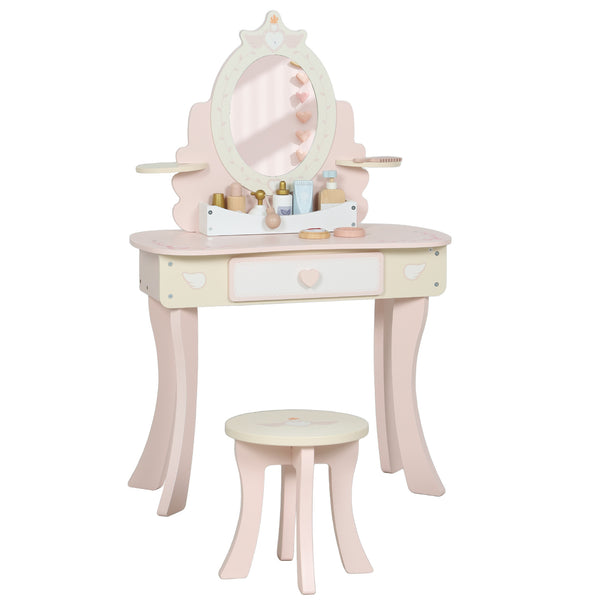 acquista Set Toeletta per Bambine con Specchio e Sgabello con 7 Accessori in Legno Rosa