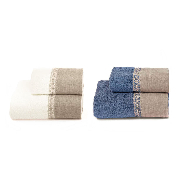 Set Spugna 4 Pezzi Asciugamani Viso + Ospite con Balza e Trina di Lino Garrini Bryanna Denim prezzo