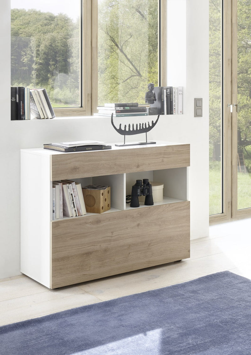 Credenza Mobile Soggiorno 1 Anta 2 Vani 111x42x82 cm TFT Akira Bianco e Naturale