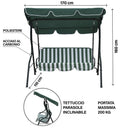 Dondolo da Giardino 3 Posti 170x110x160 cm con Tetto Parasole in Acciaio e Poliestere a Righe Verde      