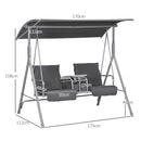 Dondolo 2 Posti con Tavolino e Portabicchieri 175x110x165 cm in Metallo e Poliestere Grigio