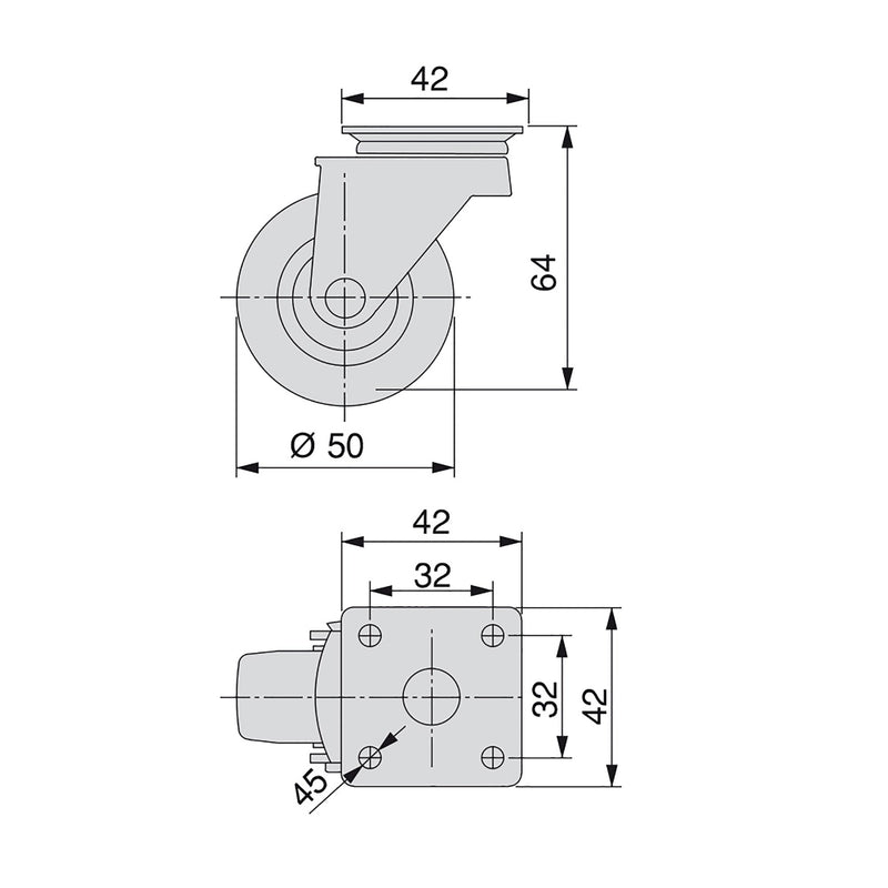 Kit 4 Ruote Slip per Carrello Ø5 cm con Piastra di Montaggio in Acciaio Emuca Grigi