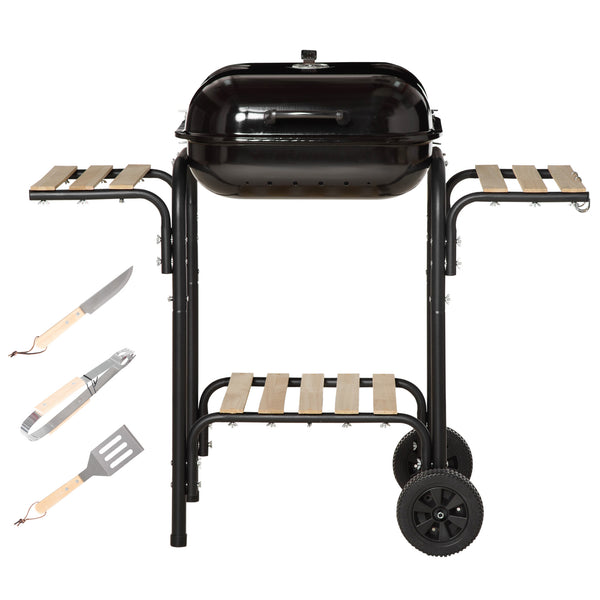 sconto Barbecue a Carbone con Coperchio con Ripiani e Utensili da Cucina Nero