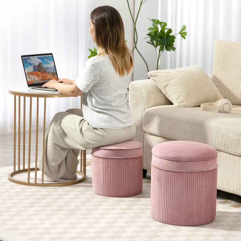 Set 2 Pouf Poggiapiedi Rotondi Impilabili Contenitore da 34.8L Imbottiti con Rivestimento in Velluto Rosa      