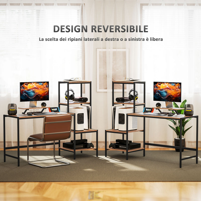 Scrivania per PC Reversibile 150x48x125cm con Supporto per Monitor e Scaffali Marrone   