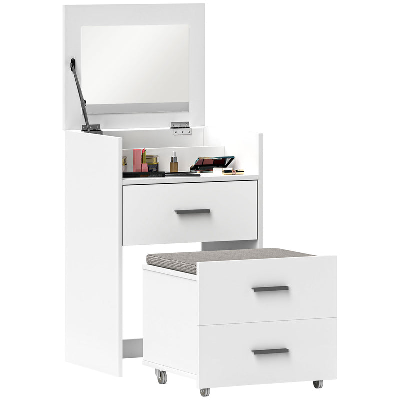 Consolle Trucco 50x40x113,5 cm con Specchio Ribaltabile 2 Cassetti e Sgabello a Scomparsa in Legno Bianco  