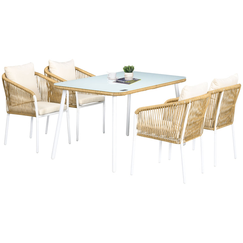 Set Tavolo con Top in Vetro 4 Sedie Impilabili da Giardino in Rattan PE e Alluminio Giallo-1