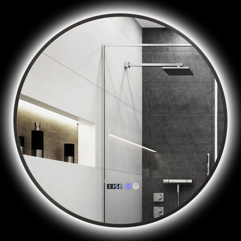 Specchio Bagno con Luce LED a 3 Tonalità Ø70 cm Antiappannamento e Display Tempo e Temperatura Nero   