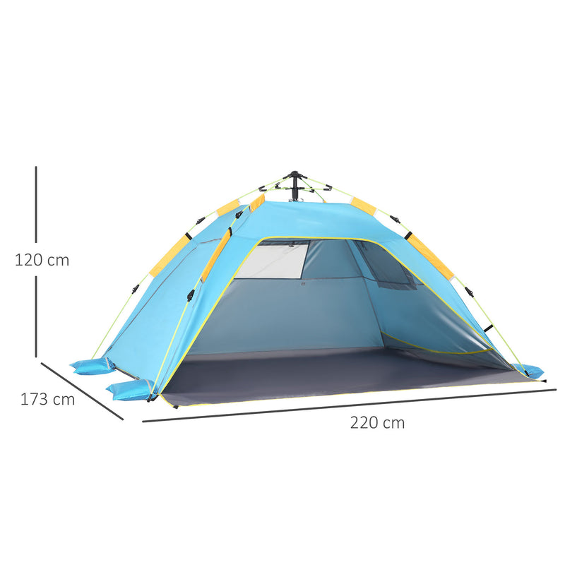 Tenda da Spiaggia Pop Up 220x173x120 cm con Porta a Cerniera in Poliestere e Fibra di Vetro Blu Chiaro e Giallo  