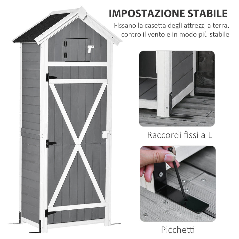 Casetta Box da Giardino Porta Attrezzi 78x52,5x182 cm con Ripiano Rimovibile e Tavolo da Lavoro in Abete  Grigia
