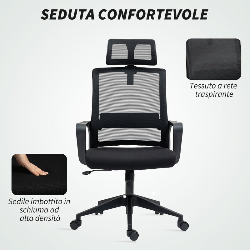Sedia da Ufficio Ergonomica 60x64Px102-112H cm con Poggiatesta e Altezza Regolabili Nero   