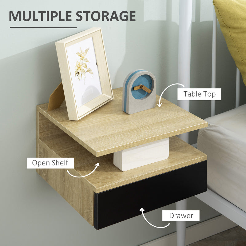 Set di 2 Comodini Sospesi Moderni con Cassetto e Mensola Superiore 35x32x22,5 cm  Rovere e Nero